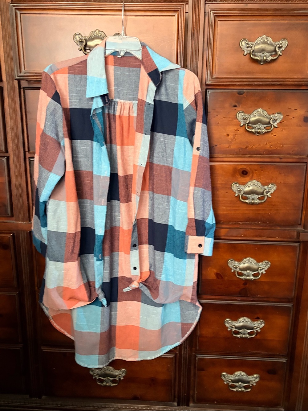 Lightweight Plaid Button-Up Shirt Dress in Coral, Blue & Black